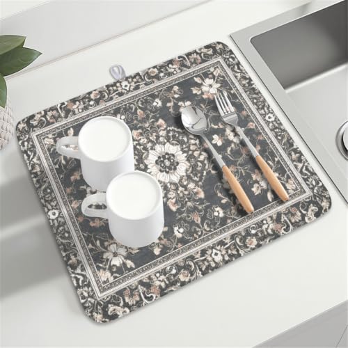 Boho Floral Dish Drying Mat Grey Leaves Dishes Drainer Pad 16x18 Inch Microfiber Absorbent Kitchen Dry Rack Mat for Counter Tableware Decor