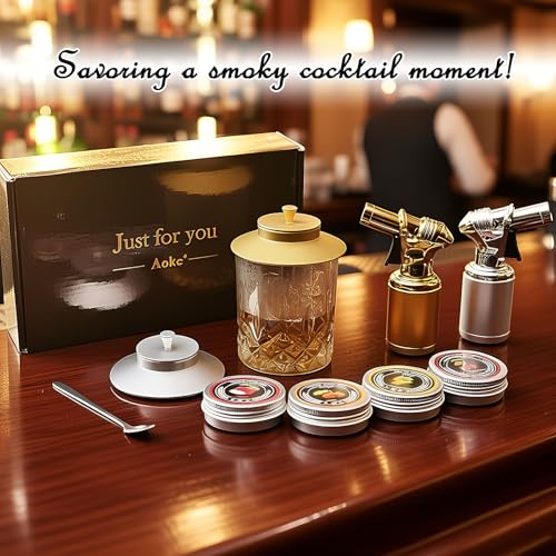 Silver Cocktail Smoker Kit with Torch Metal Bourbon Whiskey Smoker Kits Metal Old Fashioned Drink 4 Wood Chips Valentines Anniversary Birthday Gifts for Men (7 Count)