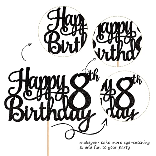 1 PCS Happy 8th Birthday Cake Topper Glitter Cheers to 8 Years Cake Pick Number 8 Fabulous Cake Decoration for 8th Birthday Theme Party Decorations Supplies Black