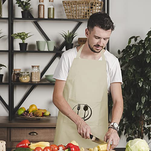 Unisex Cotton Apron With Printed Pocket Beige 24x36