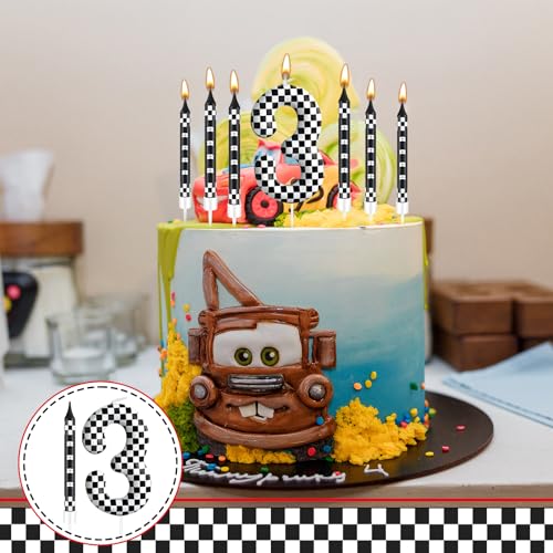 13 Pcs Racing Cars Themed Birthday Candles Black and White Race Number 3 Checkered Candle Cake Topper for Racing Car Party Decoration Supplies (13 Count)