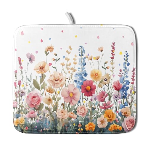 Colorful Flower Dish Drying Mat 16x18 Inch Botanical Floral Drainer Rack Mats Washable Absorbent Dish Dry Pad for Kitchen Counter Sink