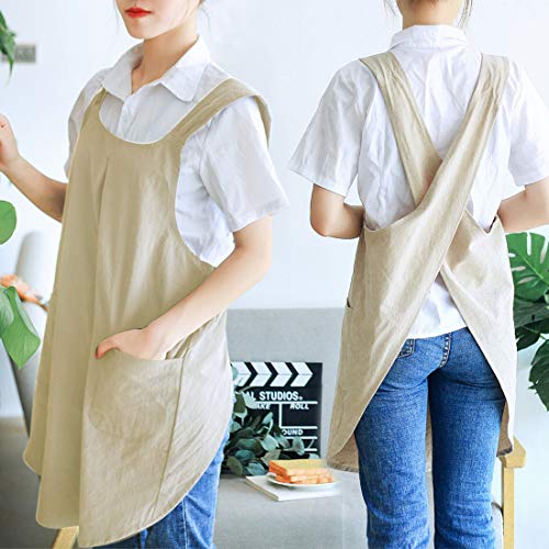 Japanese Linen Cross Back Kitchen Cooking Aprons for Women with Pockets Cute for Baking Painting Gardening Cleaning Khaki