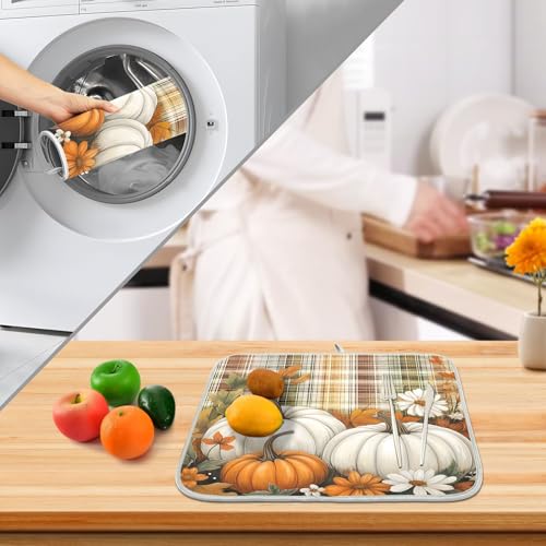 Autumn Fall Thanksgiving Dish Drying Mat for Kitchen Counter Absorbent Microfiber Orange White Pumpkin Large Drying Pad Dish Mats for Kitchen Countertops 18 x 24 Inch