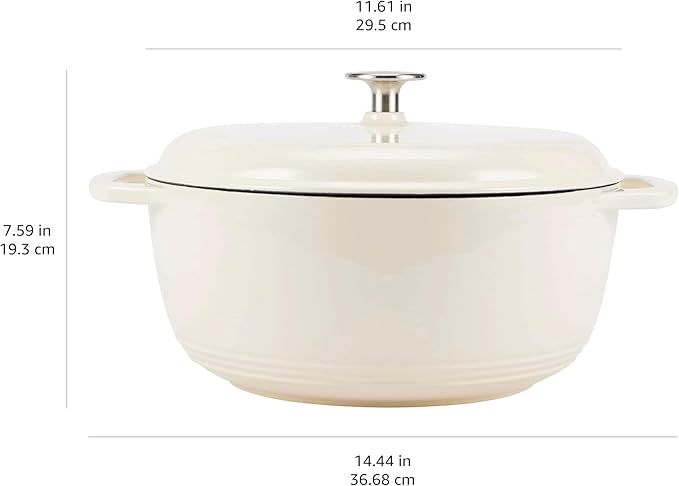 Amazon Basics Enameled Cast Iron Dutch Oven Pot with Lid, Dual Handles, Heavy-Duty, Oven Safe for Stews, Roasting, Baking, 7.3-Quart, White
