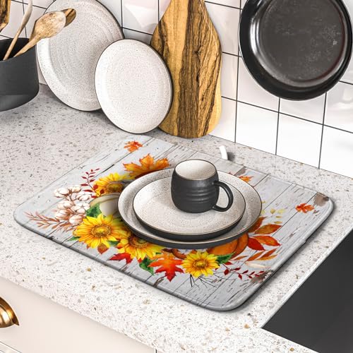 Hello Fall Dish Drying Mat for Kitchen Counter 16x18 Inch Orange Pumpkin Absorbent Drying Pad with Hanging Loop Autumn Home Decoration