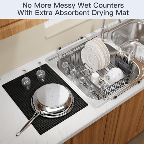 Grey Expandable Dish Drying Rack Over Sink with Extra Drying Mat