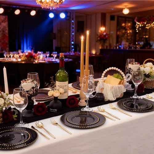 100pcs Black Plastic Plates with Gold Beads for Wedding Party (100 Count)
