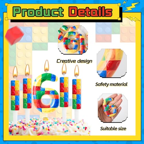 7 Pcs Building Block Themed Birthday Candles Set Building Blocks Number 6 Candle Cake Topper for Building Block Party Decoration Supplies (7 Count)