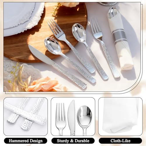 400PCS Silver Wrapped Silverware Set Disposable Hammered for Wedding (400 Count)