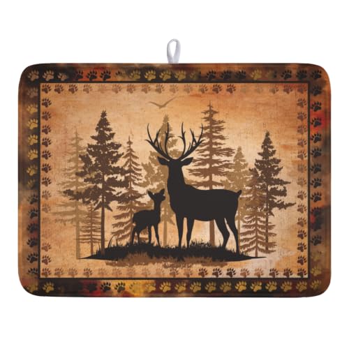 Forest Deer Dish Drying Mat Wildlife Animal Dishes Pad 18"x24" Microfiber Absorbent Fast Dry Drainer Rack Mats for Kitchen Countertop Decor
