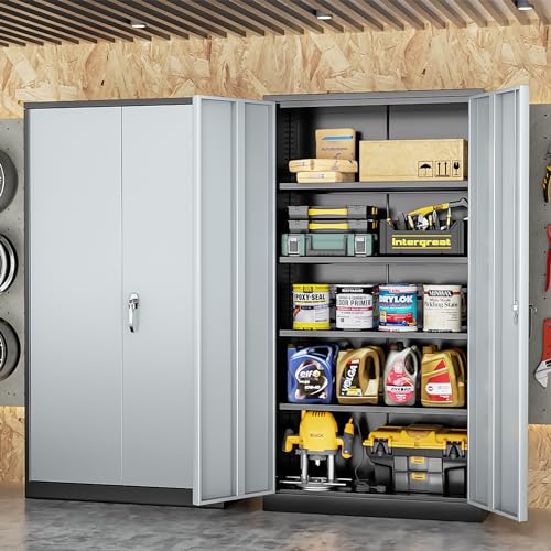 Metal Storage Cabinets 72” Black Grey Garage Steel Storage Cabinet with Doors and Shelves