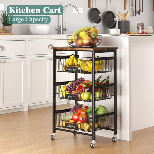 4 Tier Vegetable Fruit Basket Kitchen Storage Rolling Cart on Wheels with Pull