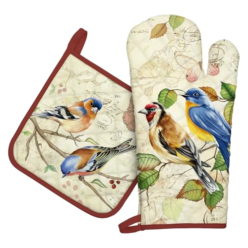 Vintage Bird Oven Mitts and Pot Holders Set
