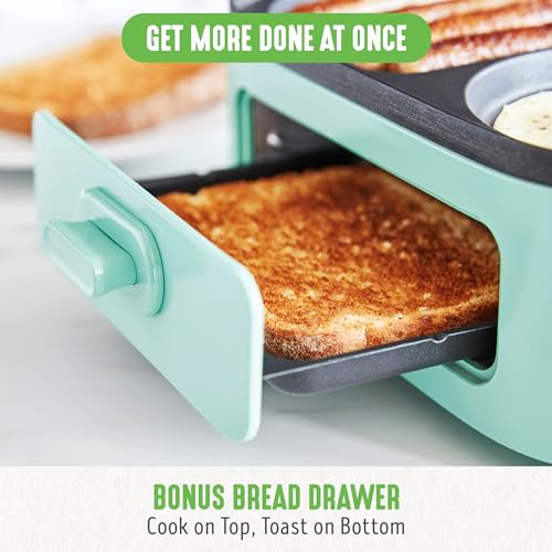 3-in-1 Breakfast Maker Station, Healthy Ceramic Nonstick Dual Griddles for Eggs Meat Sausage Bacon Pancakes and Breakfast Sandwiches, 2 Slice Toast Drawer, Easy-to-use Timer, Turquoise
