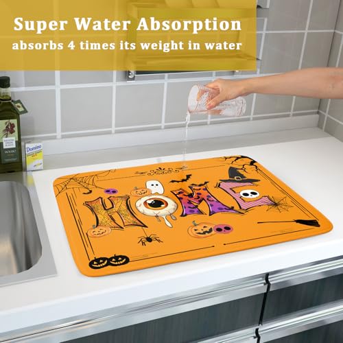 Orange Halloween Dish Drying Mat for Kitchen Counter Home Decor Pad
