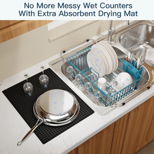 Blue Expandable Dish Drying Rack Over Sink with Extra Drying Mat