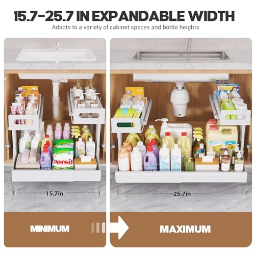 1 Pack-16"-26"W Expandable Under Sink Organizer With Upgrade Ball-Bearing Slide,2-Tier Pull Out Under Cabinet Organizer Height Adjustable,Not Suitable For Cabinets With Partitions In The Middle