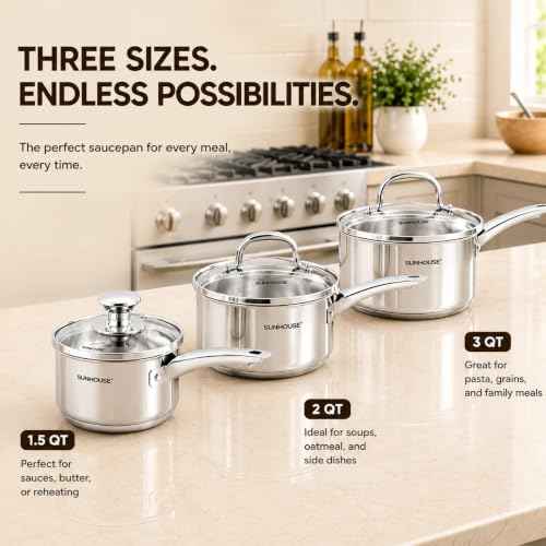 3 Piece Stainless Steel Saucepan Set with Lids 1.5QT & 2QT & 3QT (6 Count)