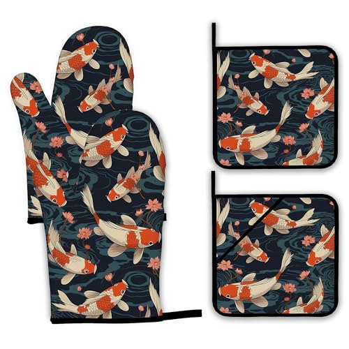 Goldfish Flower Japanese Oven Mitts and Pot Holders (4 Count)