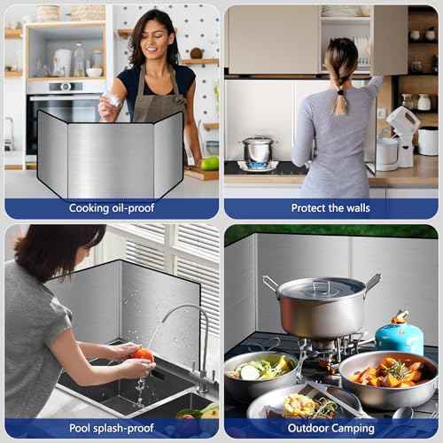 4 Sided Grease Splatter Guard Foldable Splatter Guard for Stove Stainless Steel Oil Splatter Screens Backsplash for Wall Gas Range Frying Pan Camping