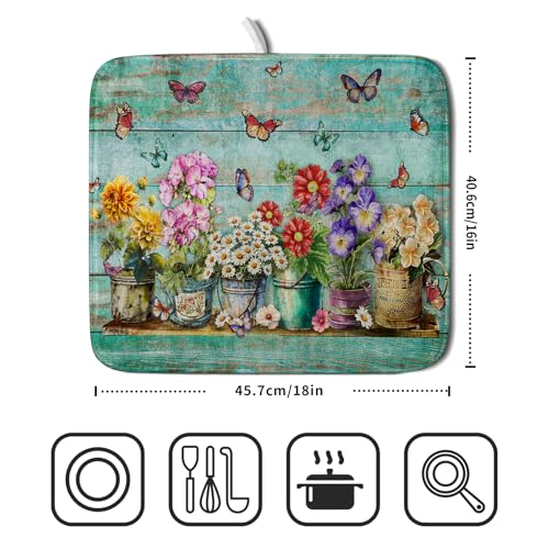Flower Dish Drying Mat for Kitchen Counter 16x18 Inch Rustic Vintage Microfiber Absorbent Dishes Drainer Mats