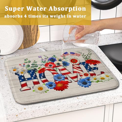 American Flag Dish Drying Mat Home Flowers Absorbent Dishes Pad for Kitchen Counter 16 X 18 In