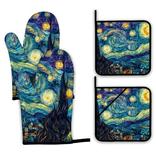 Starry Night Moon Oven Mitts and Pot Holders Set (4 Count)