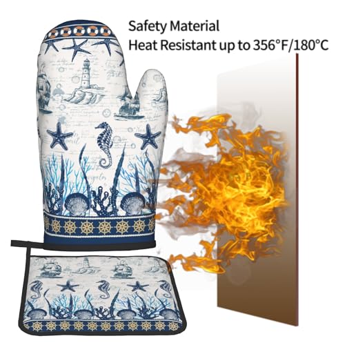 Nautical Sailboat Oven Mitts and Pot Holder Set of 2 Ocean Starfish Heat Resistant Oven Glove Washable Potholder for Kitchen Cooking Baking