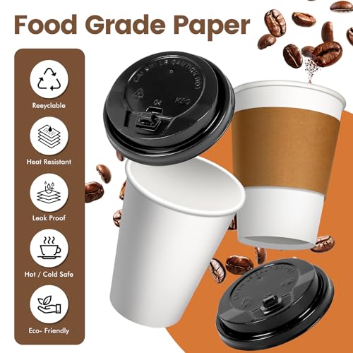 12 oz Disposable Paper Coffee Cups with Lids & Sleeves (100 Count)