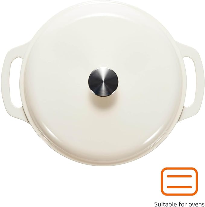 Amazon Basics Enameled Cast Iron Dutch Oven Pot with Lid, Oven Safe, Heavy-Duty, Dual Handles for Baking, Roasting, Stews, Round, 6-Quart, White