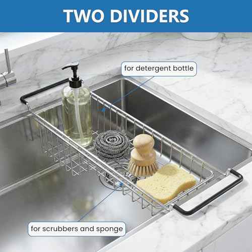 Over The Kitchen Sink Caddy Sponge Holder Organizer Drying Rack Expandable for Sponge Brush Soap 13.8" to 20.8"