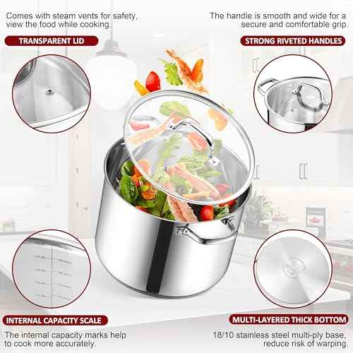 20-Quart 18/10 Stainless Steel Stock Pot with Lid, Large Heavy Duty Soup Pot Compatible with Electric, Gas, Induction and Gas Cooktops, Non-Toxic & Corrosion Resistant, Dishwasher Safe