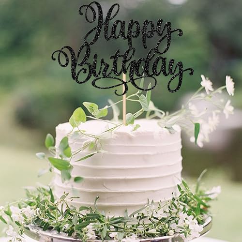 1 PCS Happy Birthday Cake Topper Glitter Happy Birthday Cake Pick Bunting Decor for Anniversary Celebrating Happy Birthday Party Cake Decorations Supplies Black