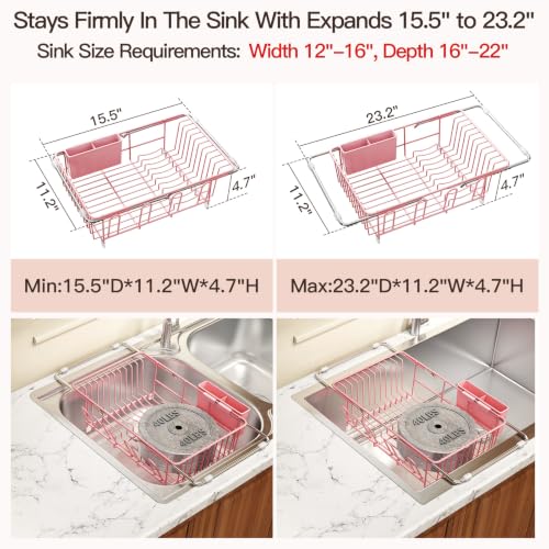 Pink Expandable Dish Drying Rack Over Sink with Anti