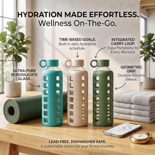 40oz / 32oz / 22oz / 12oz Borosilicate Glass Water Bottle with Time & Volume Markers, Silicone Sleeve, Stainless Steel Lid | Reusable Glass Bottle for Water & Juice (40oz Jet Black) (4 Count)
