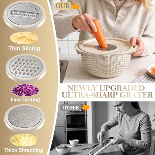 4-in-1 Colander with Bowl Set — Patented 360° Rotatable Strainer Bowl with 3 Graters, Snap-On Lid & Non-Slip Base, Funny Kitchen Present for Women, Aesthetic Pasta Fruit Vegetable Strainer (Beige)