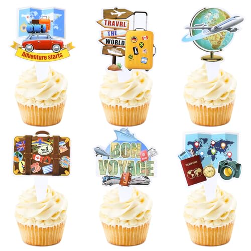 36PCS Double sided Adventure Travel Cupcake Toppers Airplane Globe Map Suitcase Bon Voyage Cupcake Picks for Adventure Travel Baby Shower Boys Girls Birthday Wedding Party Decoration (36 Count)