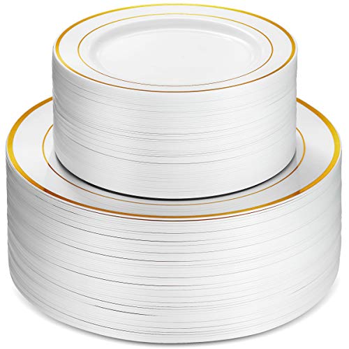 100 Piece Plastic Party Plates White Gold Rim (50 Count)