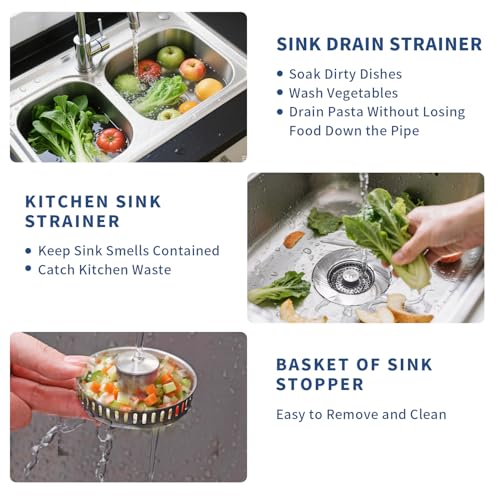 3-in-1 Kitchen Sink Drain Strainer & Sink Stopper 2 Pack - 304 Stainless Steel Sink Drain Strainer, Pop-Up Anti-Clog Design, Fits Standard 3-1/2'' Sink Drains (2 Count)