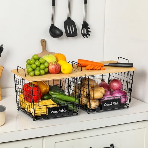 2 Set Large Stackable Wire Basket with Bamboo Tops & Tag (2 Count)