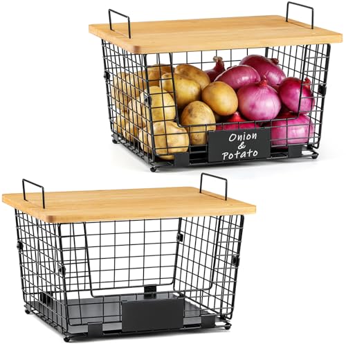 2 Set XXL Stackable Wire Basket with Bamboo Tops & Tag (2 Count)