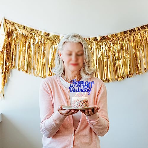 1 PCS Happy 90th Birthday Cake Topper Glitter Cheers to 90 Years Birthday Cake Pick Ninety 90 Fabulous Cake Decoration for Happy 90th Birthday Theme Party Decorations Supplies Blue