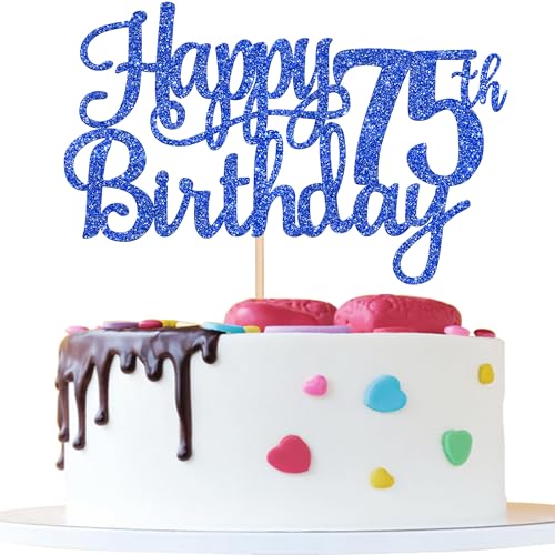 1 PCS Happy 75th Birthday Cake Topper Glitter Cheers to 75 Years Birthday Cake Pick Seventy Five 75 Fabulous Cake Decoration for Happy 75th Birthday Theme Party Decorations Supplies Blue