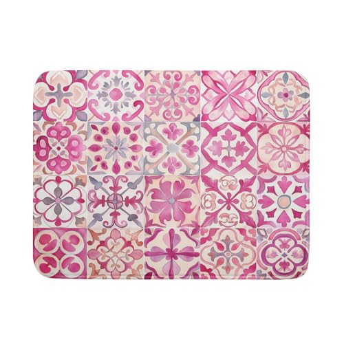Pink Mexican Tiles Dish Drying Mat Absorbent Microfiber Dish Drying Pad for Kitchen Multi