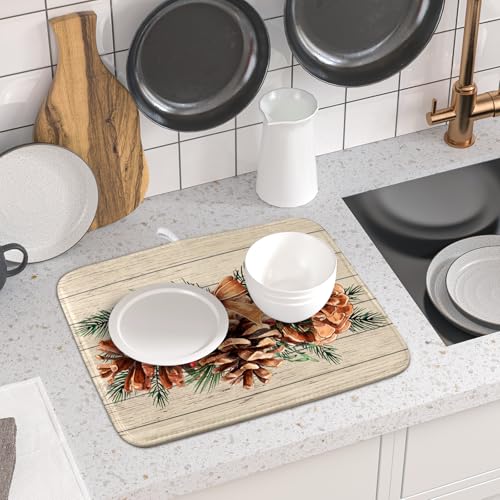 Winter Pine Cone Dish Drying Mat Holly Berries Dish Draining Mat Microfiber Washable Dish Drainer Rack Mat for Home Kitchen Counter 16"x18"