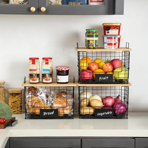 2 Set XL Stackable Wire Basket with Bamboo Tops & Tags (2 Count)