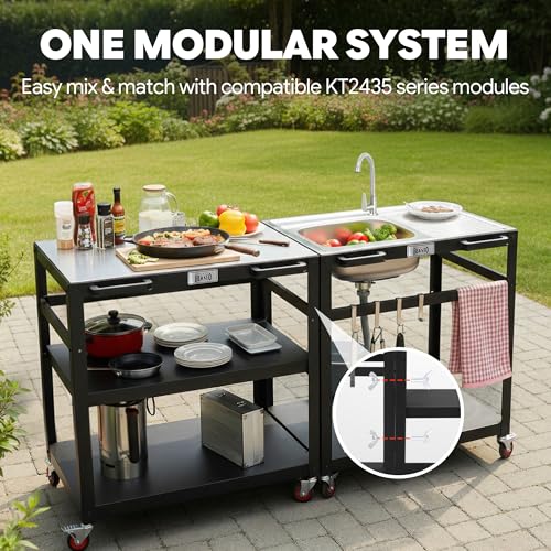 35" Movable Outdoor Grill Cart with Stainless Steel Sink & Faucet
