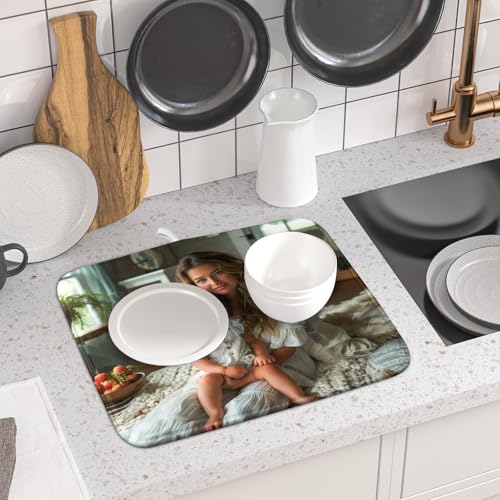Custom Dish Drying Mat Customized Drainer Pad with Image Logo Text 16x18 Inch Personalized Absorbent Dish Dry Pad for Kitchen Counter Sink