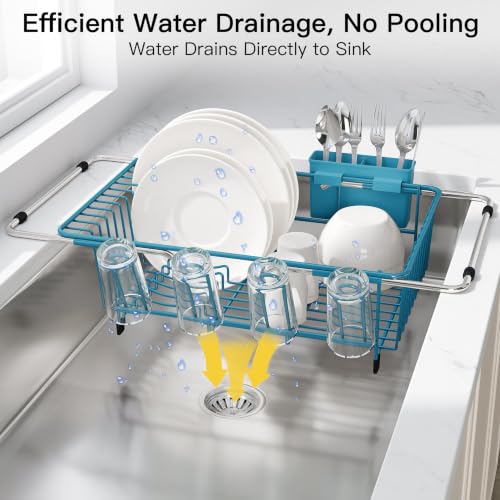 Blue Dish Drying Rack in Sink with Drainboard and Utensil Holder